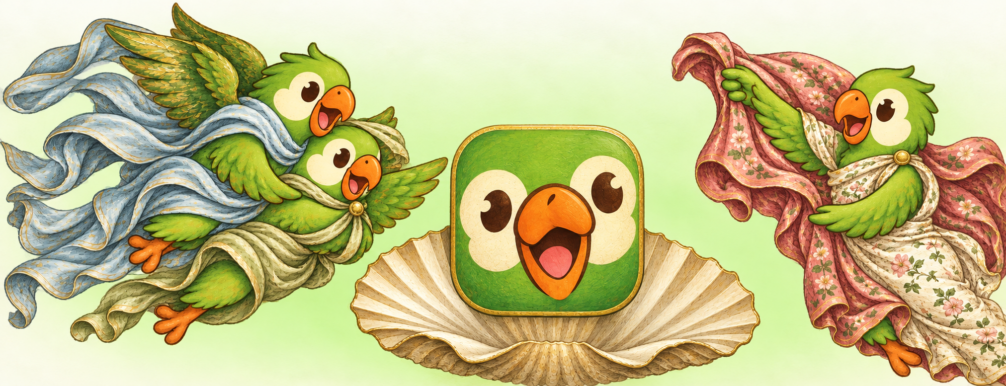 Ilustração renascentista com maritacas e o ícone da Maritaca numa concha