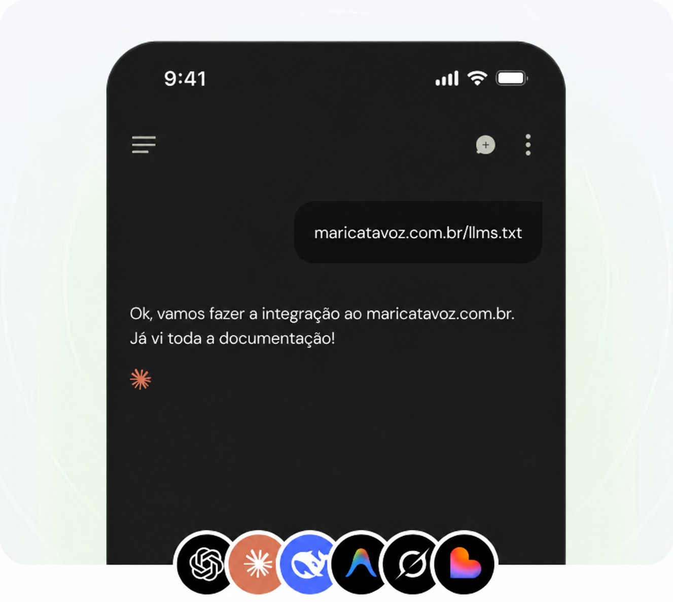 Mockup de chat: assistente de IA lê a documentação e prepara a integração com a Maritaca